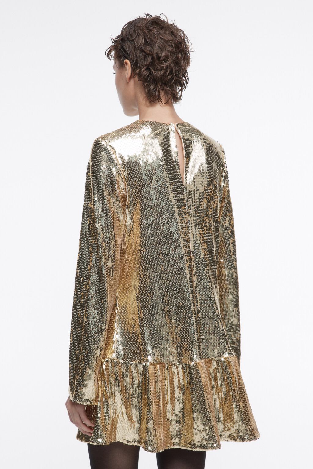 Платье из пайеток с длинными рукавами и воланом - цвет желтый - 5