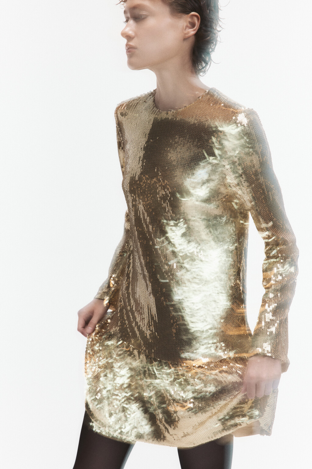 Платье из пайеток с длинными рукавами и воланом - цвет желтый - 1