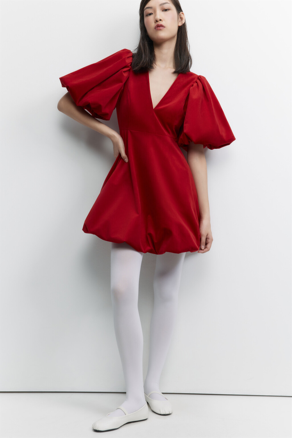 Платье мини бархатное с юбкой-колокольчиком - цвет красный - 1