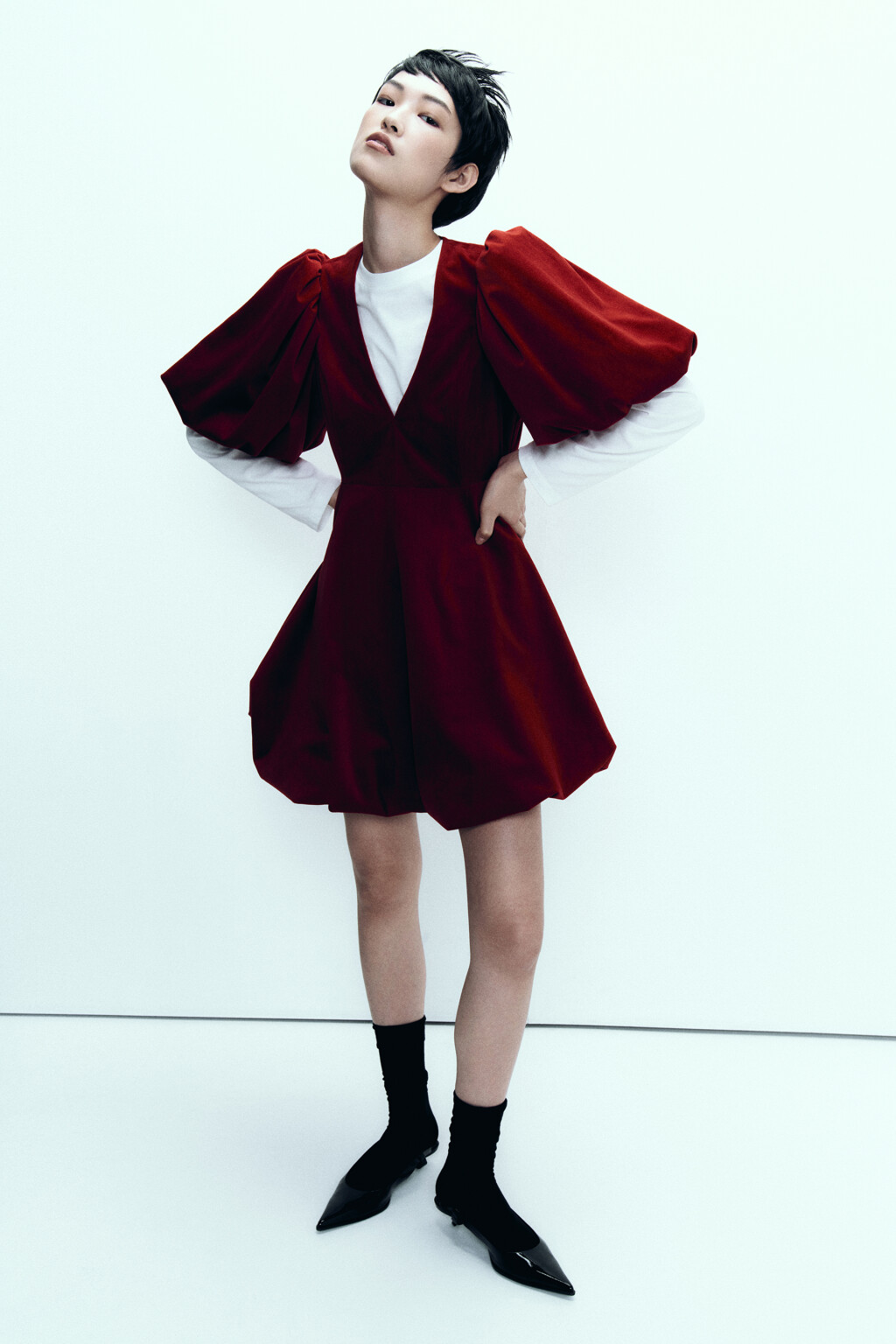 Платье мини бархатное с юбкой-колокольчиком - цвет красный - 9