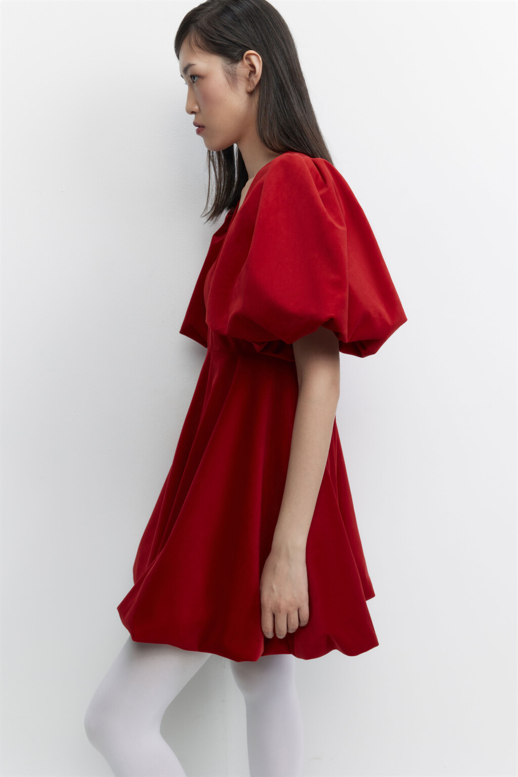 Платье мини бархатное с юбкой-колокольчиком - цвет красный - 2