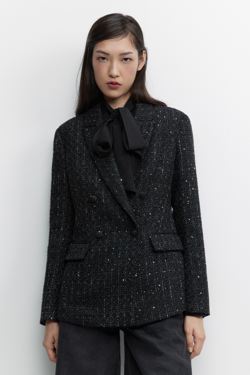 Пиджак твидовый с блестящими нитями - цвет черный - 2