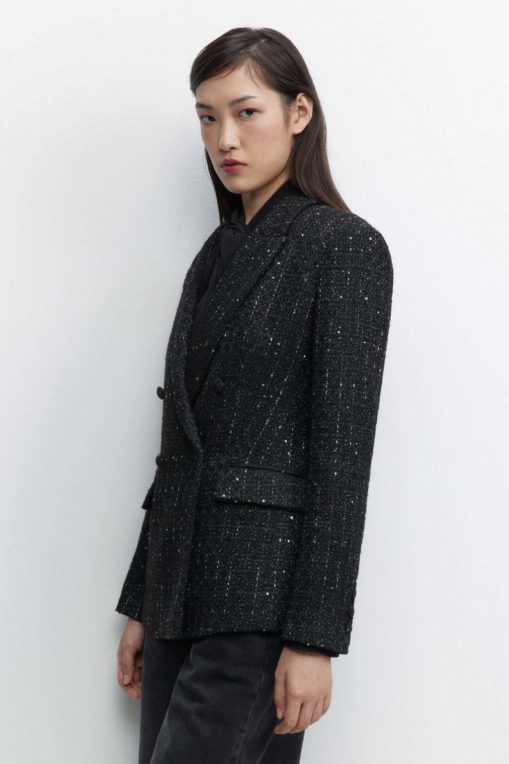 Пиджак твидовый с блестящими нитями - цвет черный - 3