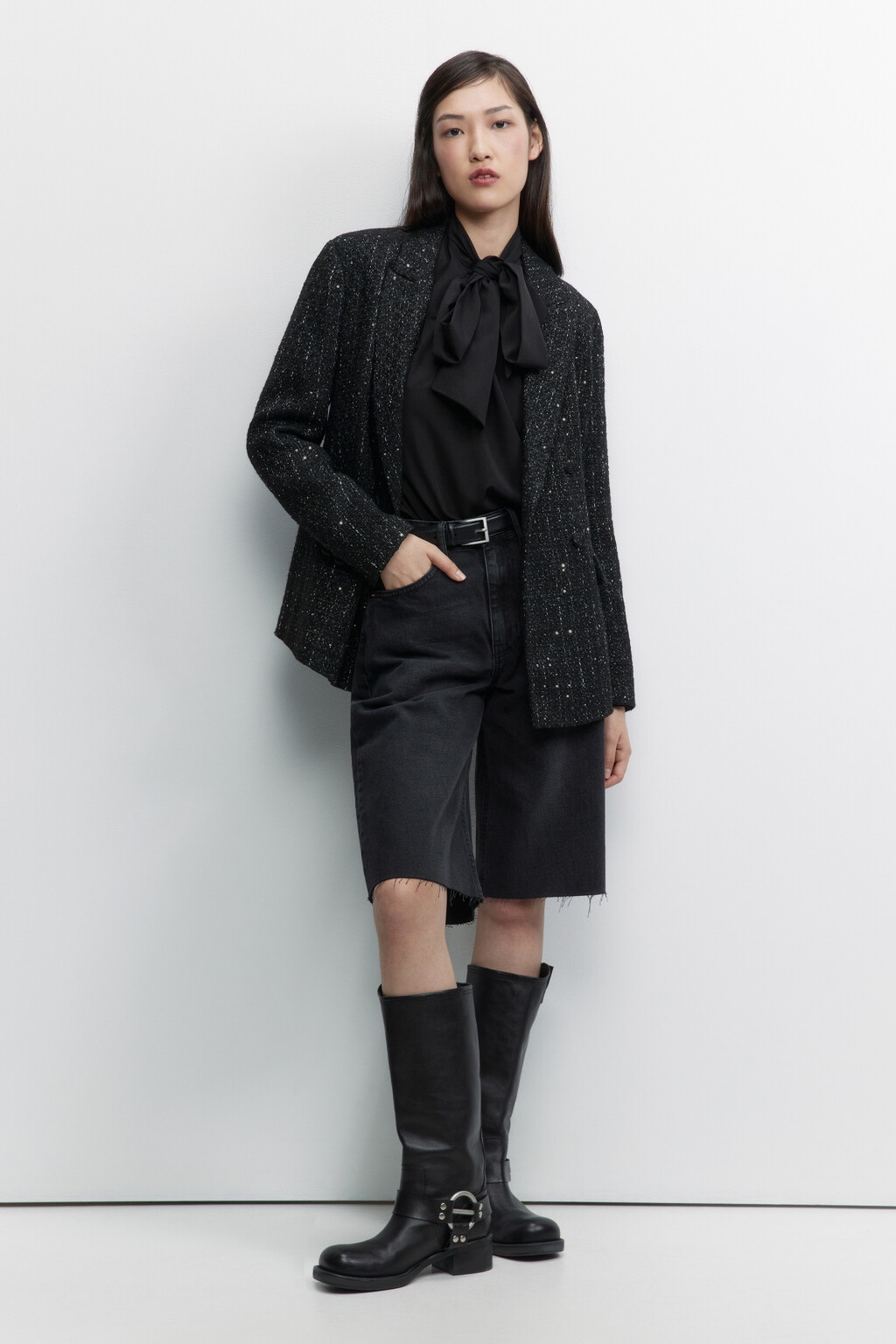 Пиджак твидовый с блестящими нитями - цвет черный - 1