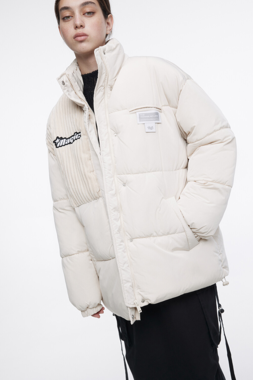 Куртка стеганая с принтом и вельветовой вставкой - цвет молочный - 1