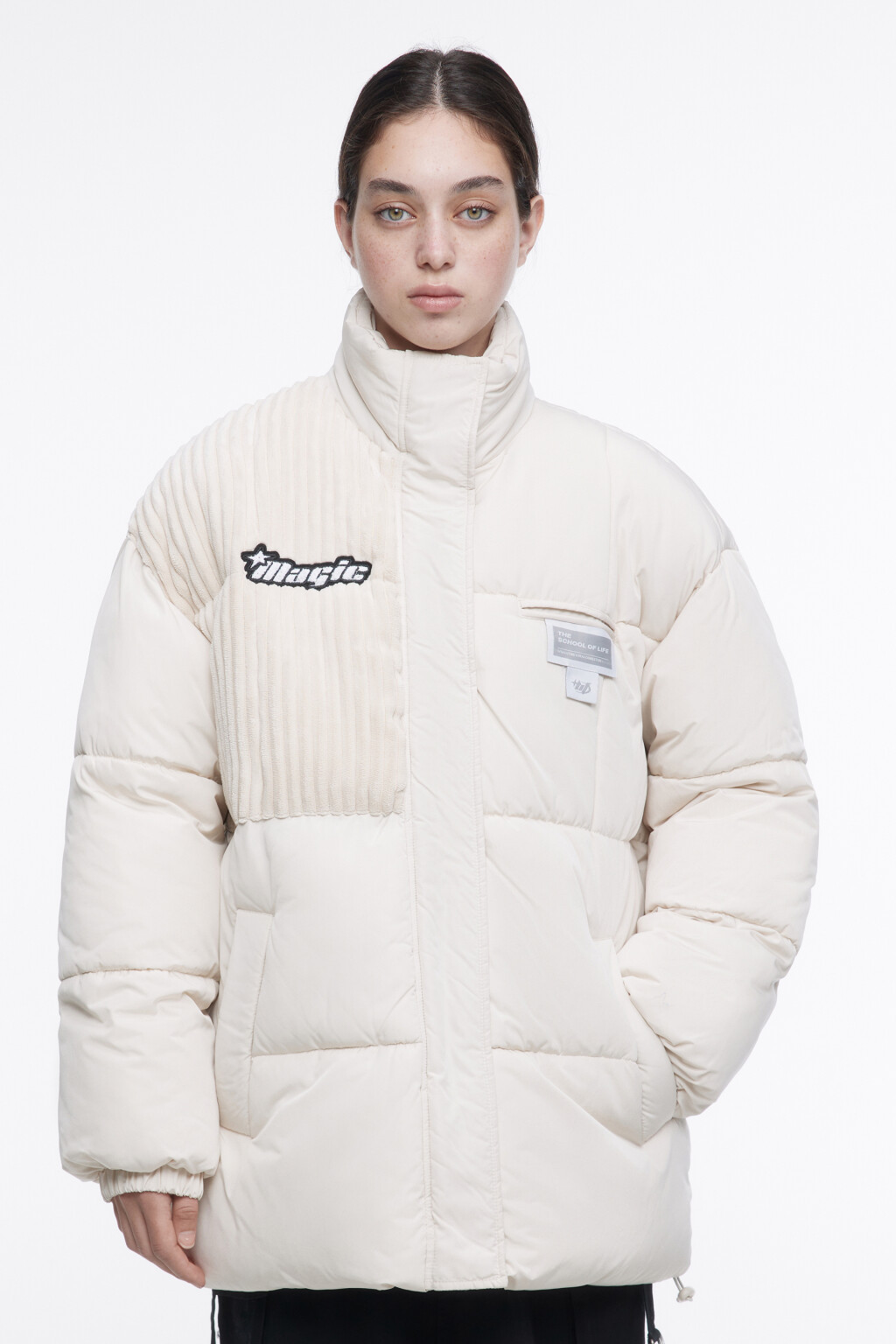 Куртка стеганая с принтом и вельветовой вставкой - цвет молочный - 2