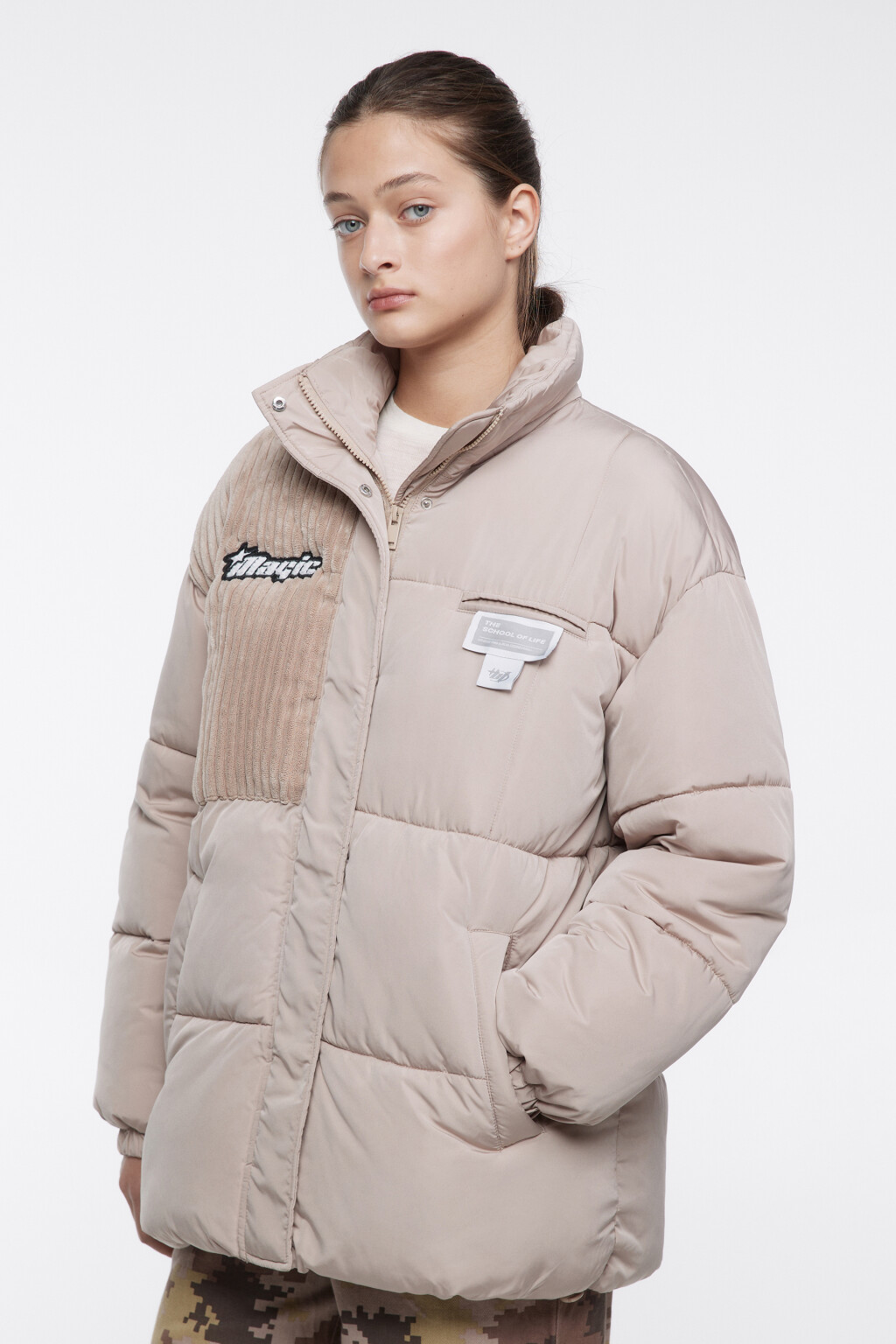 Куртка стеганая с принтом и вельветовой вставкой - цвет бежевый - 4