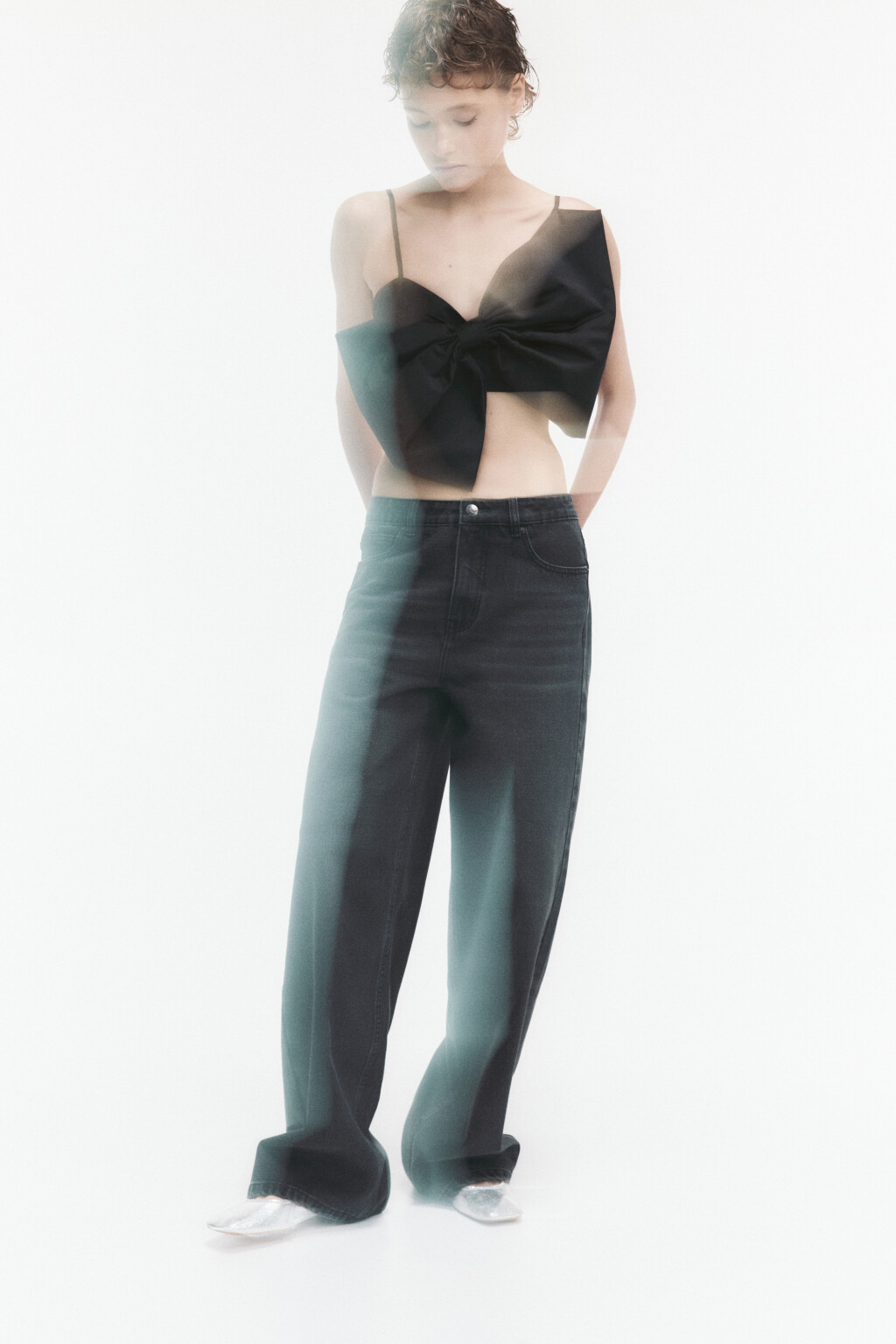 Джинсы широкие с низкой посадкой - цвет серый - 1