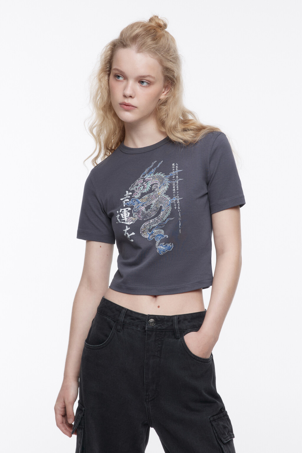 Футболка-топ с принтом с драконом - цвет серый - 2