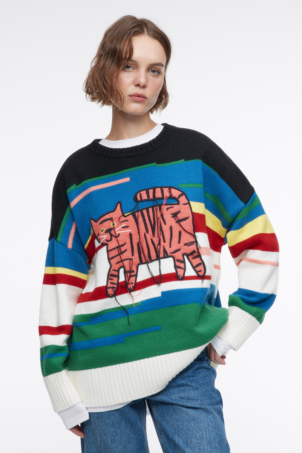 Джемпер oversize вязаный с принтом и нитками - цвет мультиколор - 2