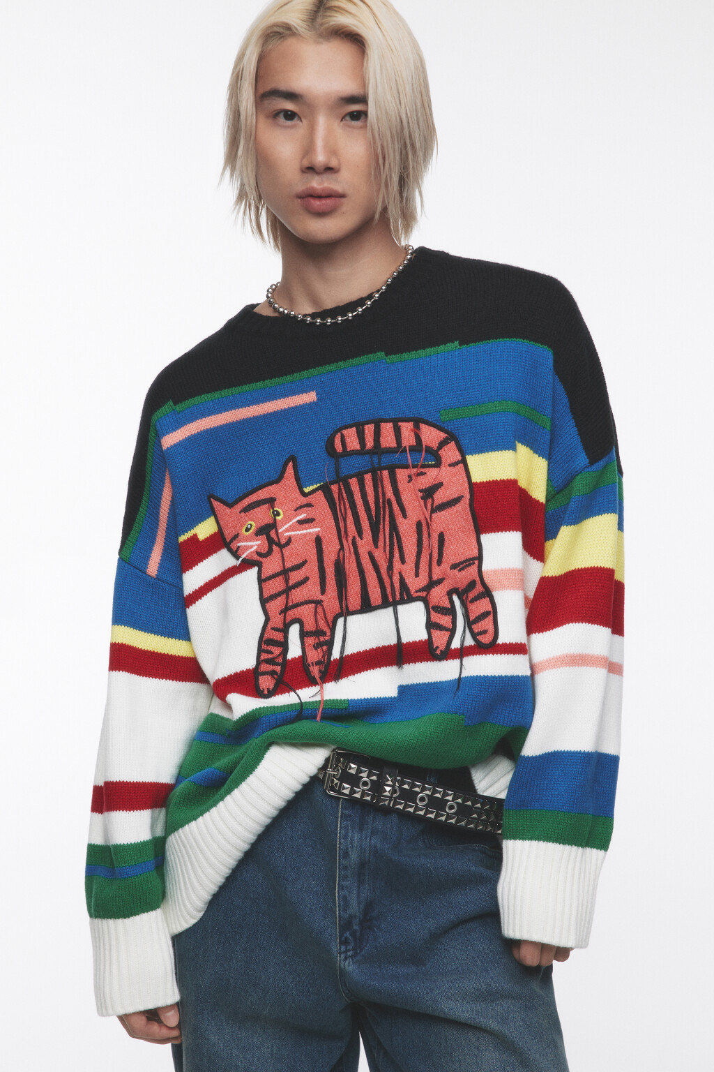 Джемпер oversize вязаный с принтом и нитками - цвет мультиколор - 9