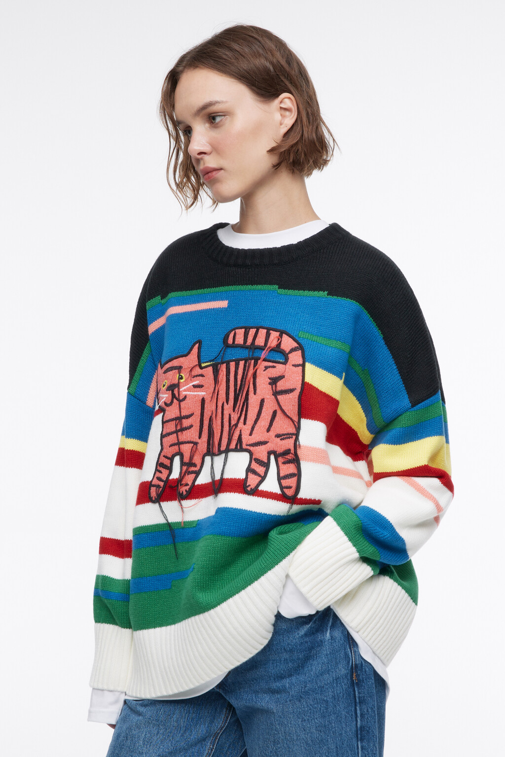 Джемпер oversize вязаный с принтом и нитками - цвет мультиколор - 3