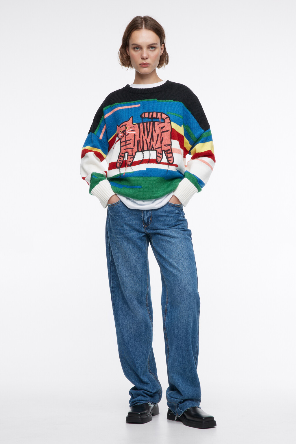 Джемпер oversize вязаный с принтом и нитками - цвет мультиколор - 5