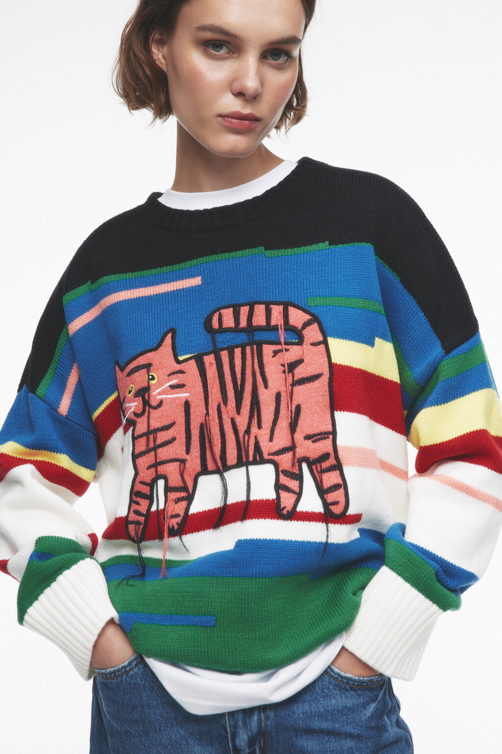 Джемпер oversize вязаный с принтом и нитками - цвет мультиколор - 6