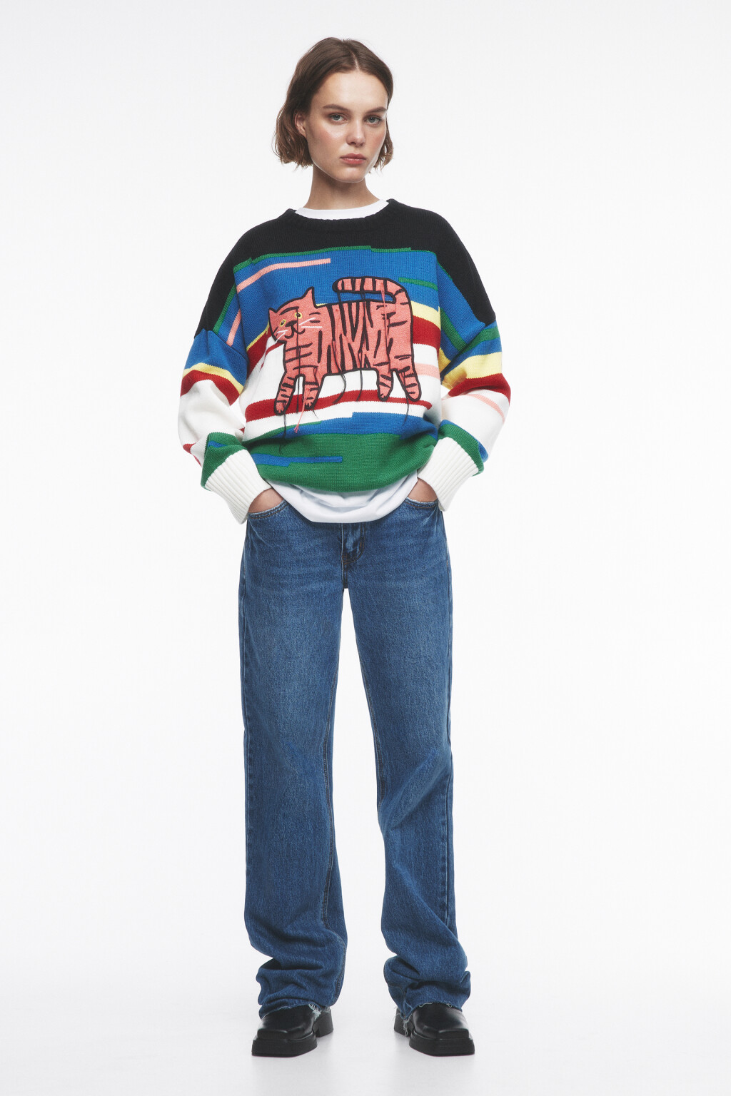 Джемпер oversize вязаный с принтом и нитками - цвет мультиколор - 1