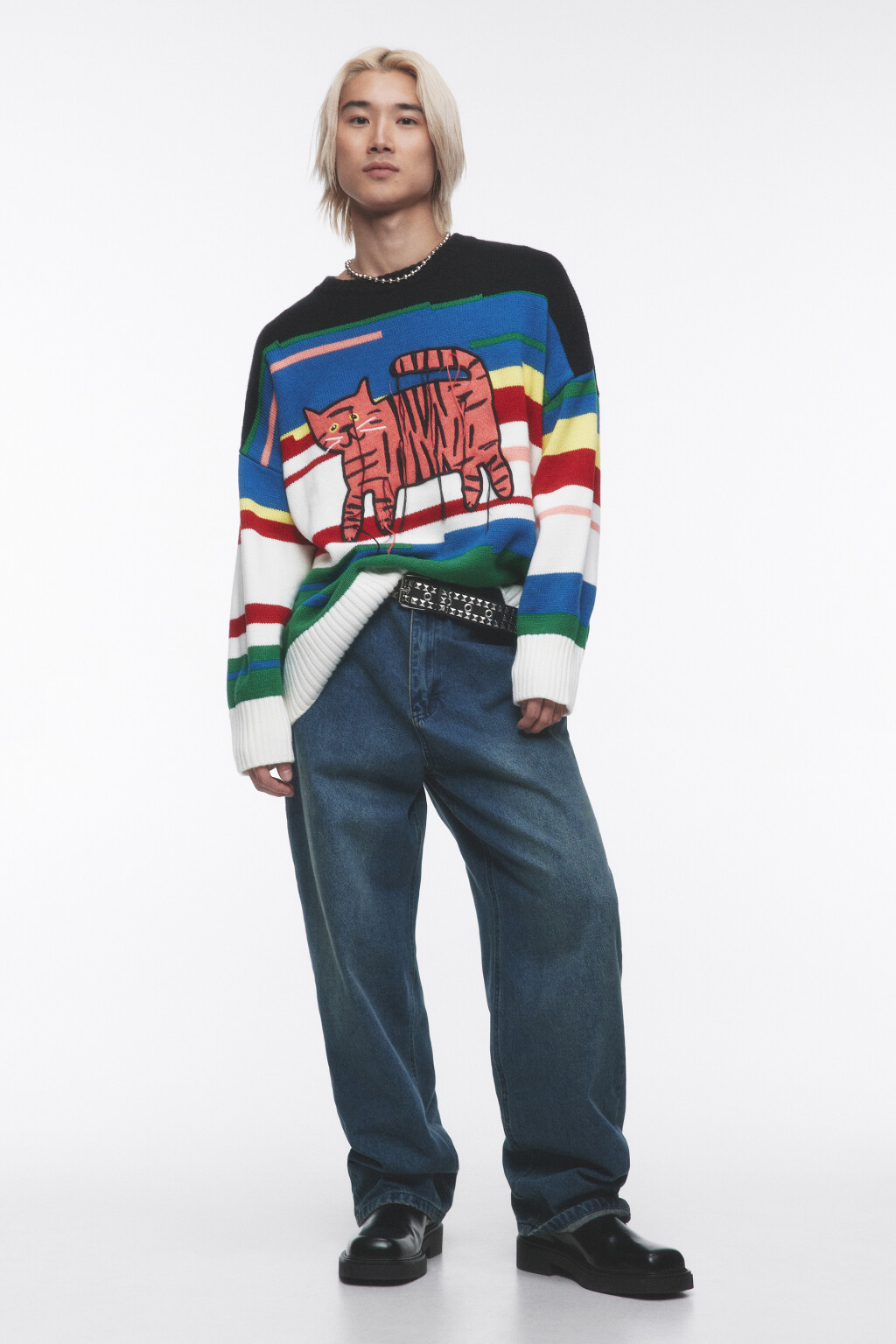 Джемпер oversize вязаный с принтом и нитками - цвет мультиколор - 8