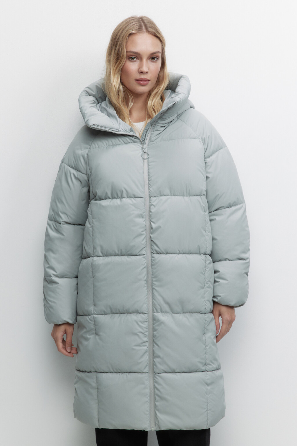 Пальто длинное стеганое утепленное с капюшоном - цвет мятный - 2