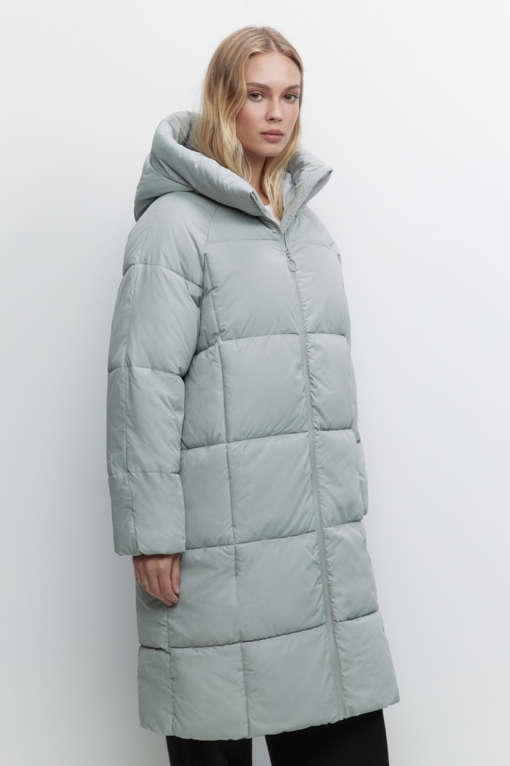 Пальто длинное стеганое утепленное с капюшоном - цвет мятный - 3