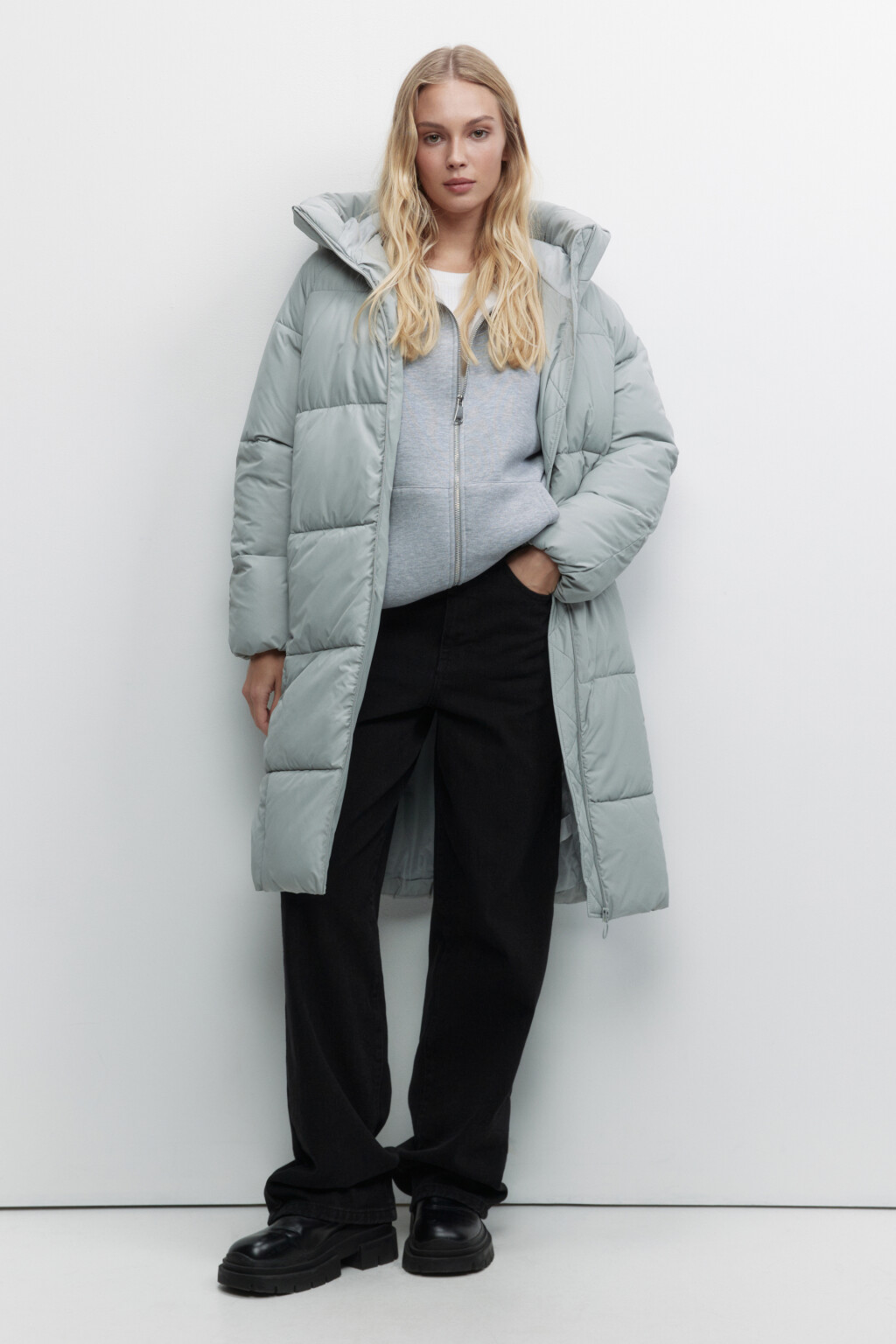 Пальто длинное стеганое утепленное с капюшоном - цвет мятный - 1
