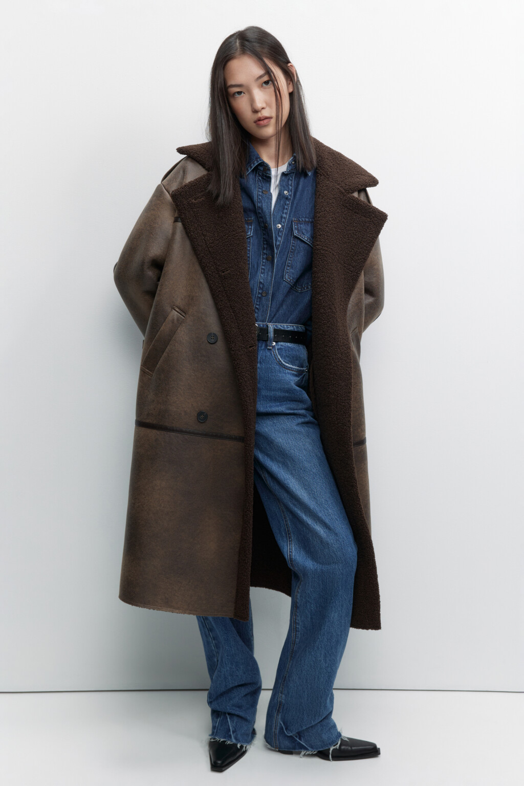 Дубленка длинная с вареным эффектом - цвет коричневый - 1