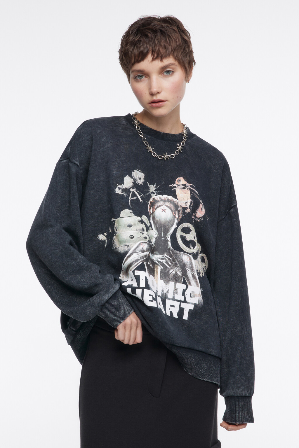 Свитшот oversize хлопковый с принтом Atomic Heart - цвет серый - 3