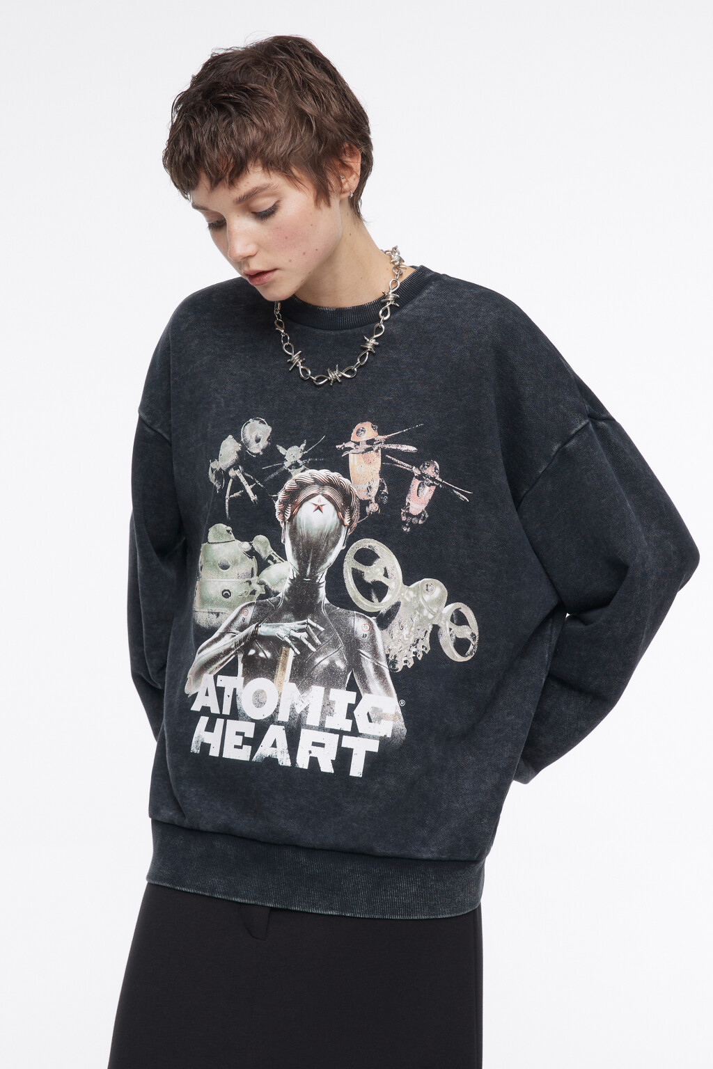 Свитшот oversize хлопковый с принтом Atomic Heart - цвет серый - 4