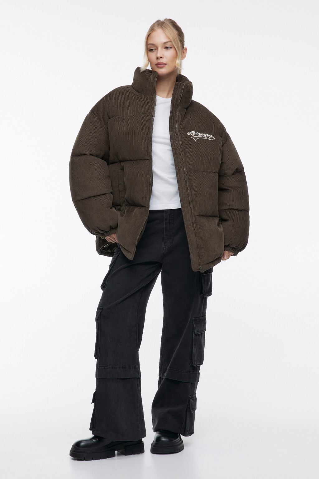 Куртка oversize дутая из вельветовой ткани - цвет зеленый - 5