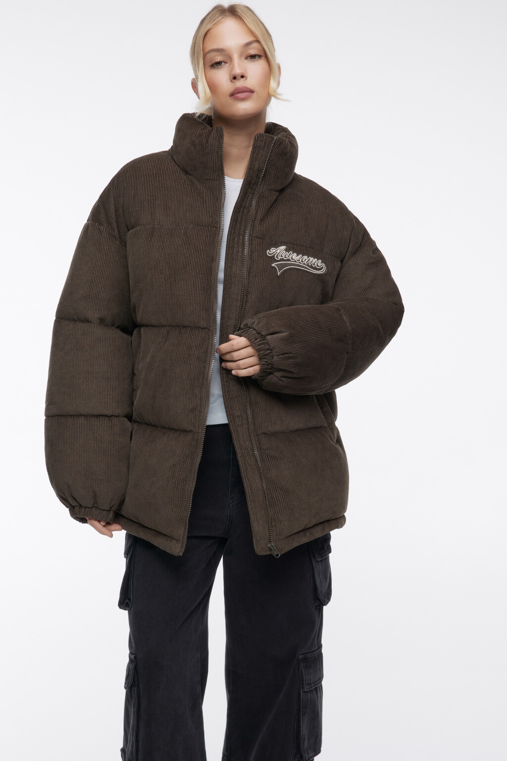 Куртка oversize дутая из вельветовой ткани - цвет зеленый - 1