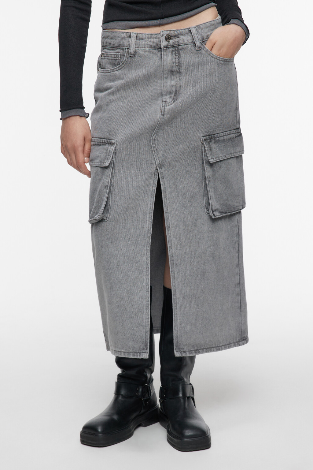 Юбка миди джинсовая прямая с карманами карго - цвет серый - 2