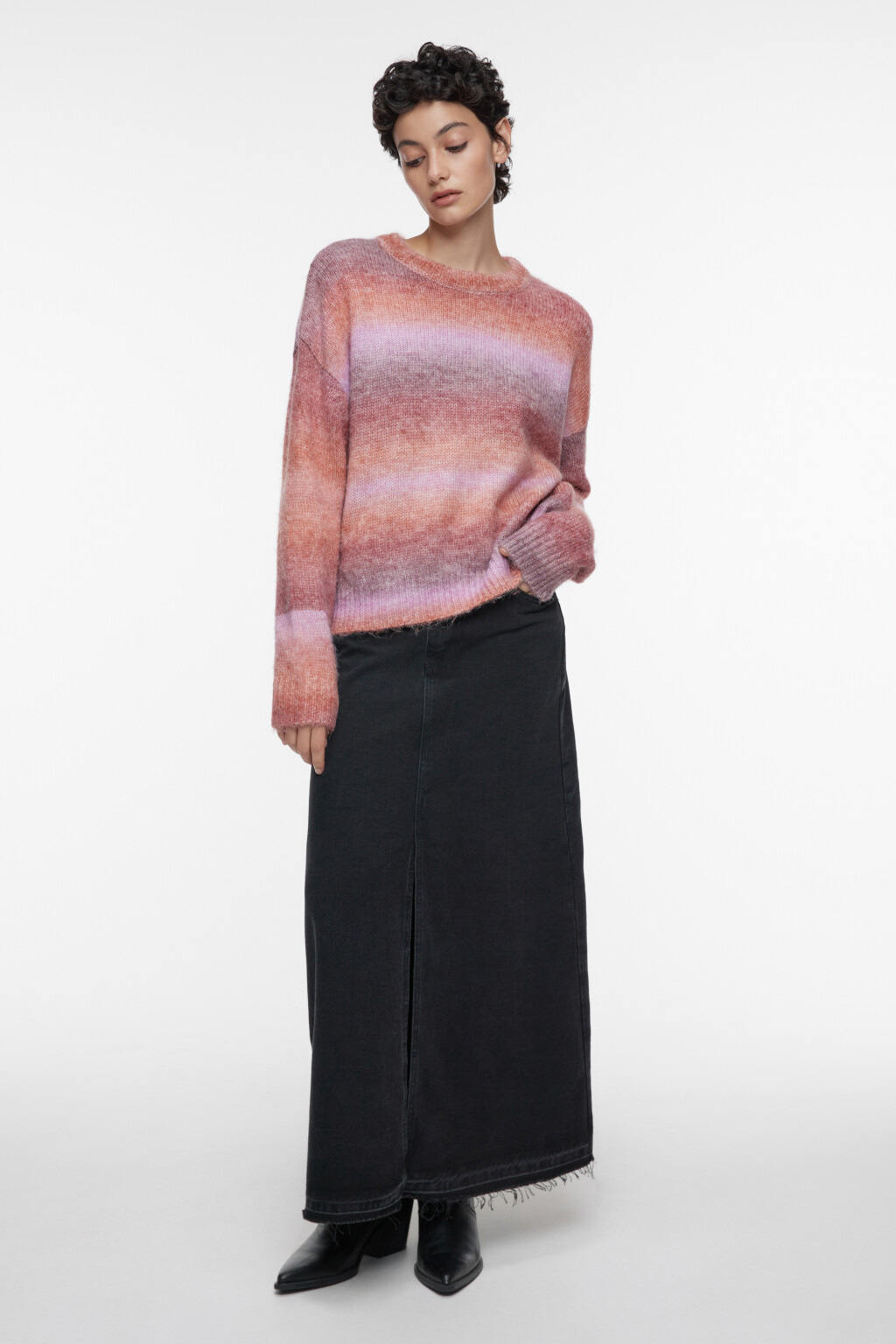 Юбка-трапеция макси джинсовая с открытыми срезами - цвет черный - 5