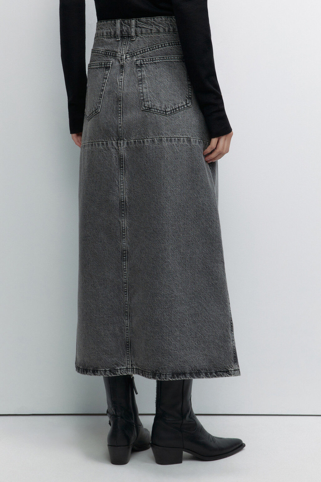 Юбка миди джинсовая прямая с разрезом спереди - цвет серый - 3