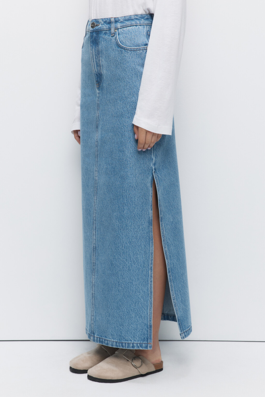 Юбка макси джинсовая прямая с разрезом сбоку - цвет голубой - 2