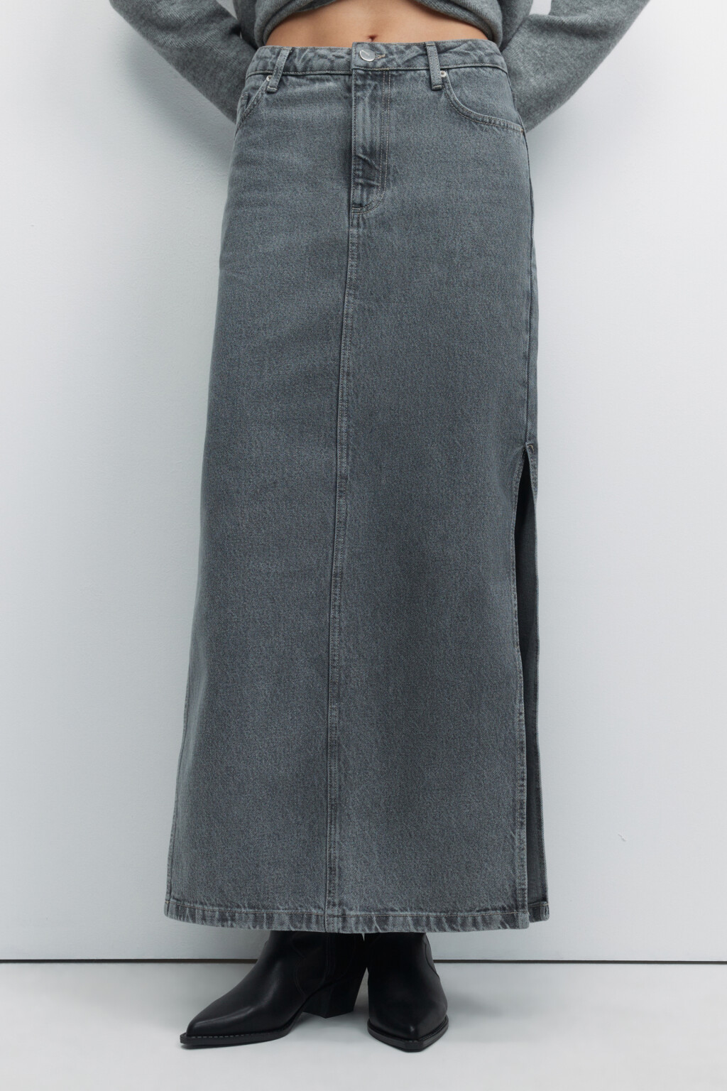 Юбка макси джинсовая прямая с разрезом сбоку - цвет серый - 3