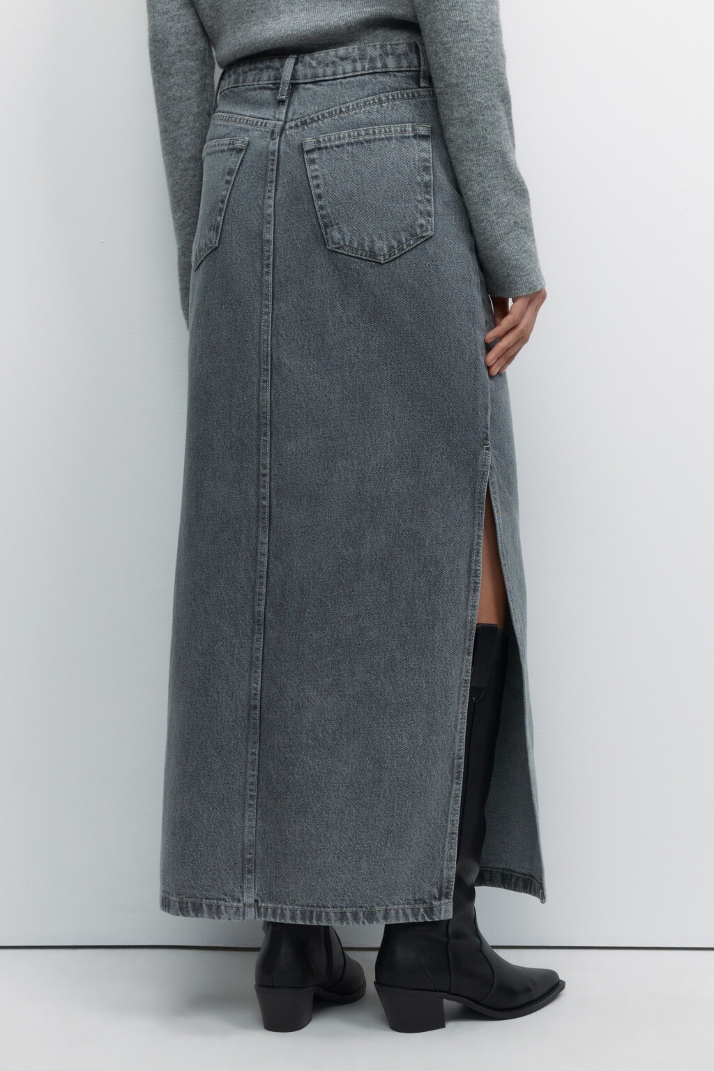 Юбка макси джинсовая прямая с разрезом сбоку - цвет серый - 5