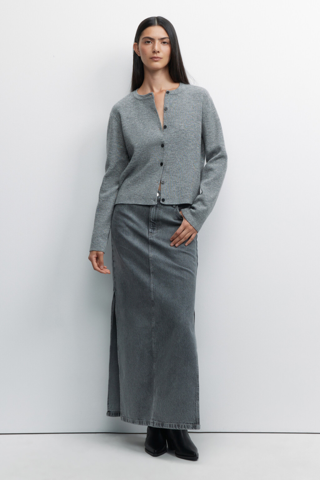 Юбка макси джинсовая прямая с разрезом сбоку - цвет серый - 2