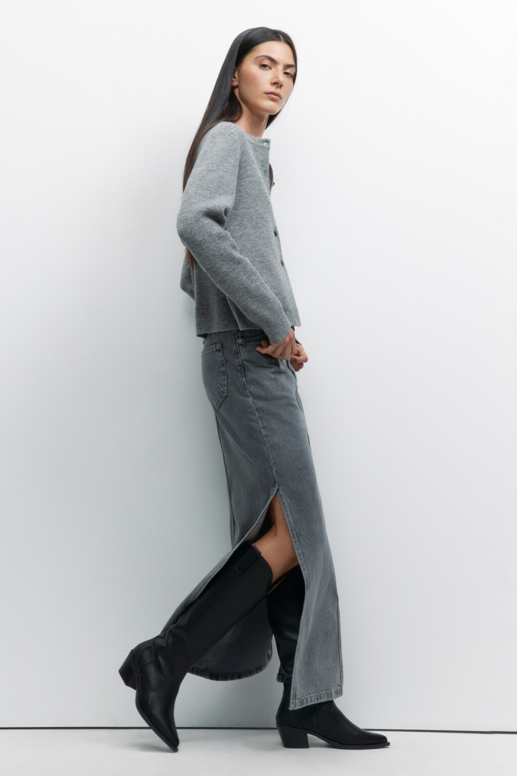 Юбка макси джинсовая прямая с разрезом сбоку - цвет серый - 1