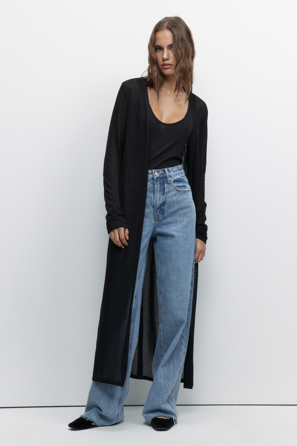 Кардиган длинный вискозный без застежки - цвет черный - 1
