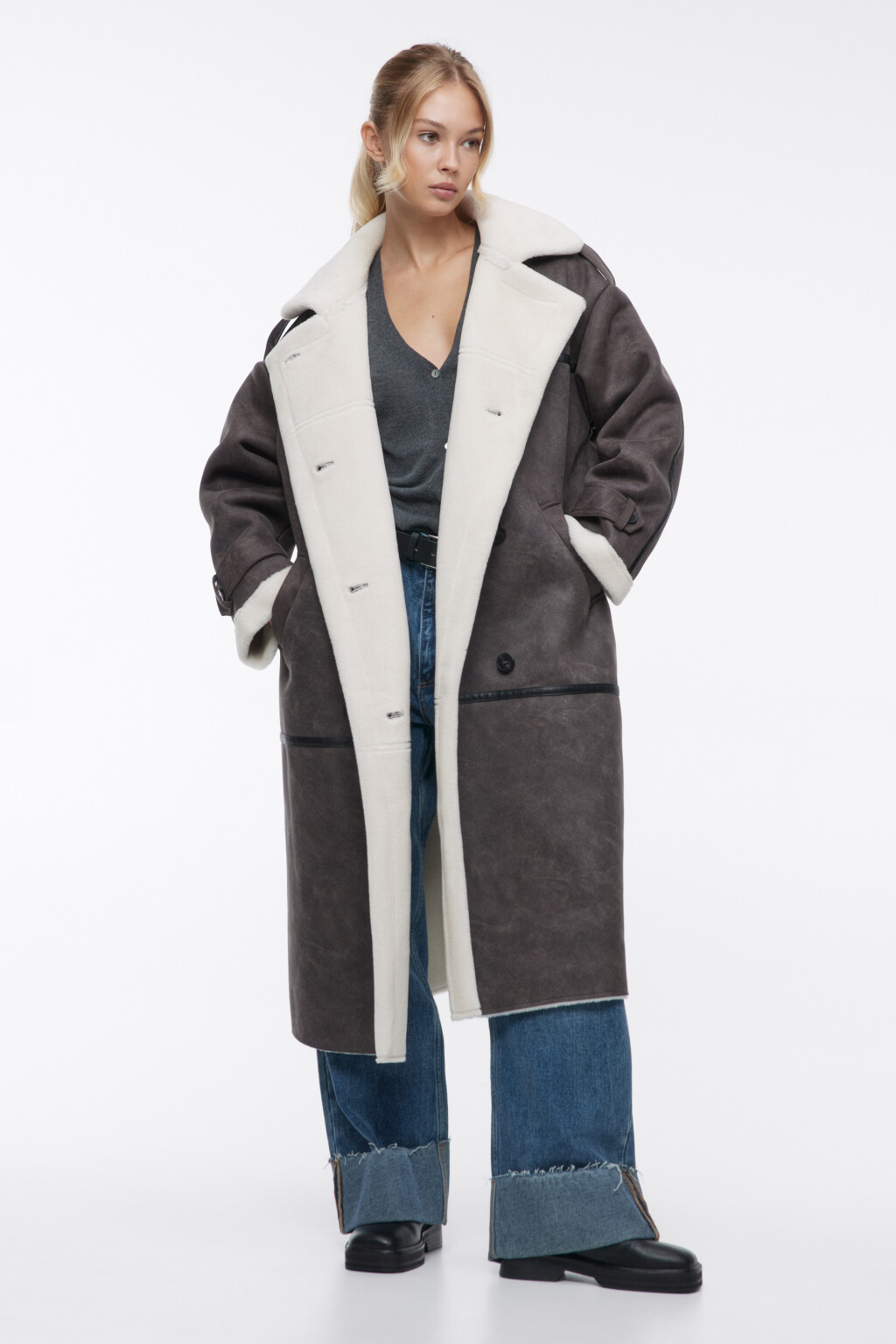 Дубленка длинная с широким воротником - цвет серый - 6