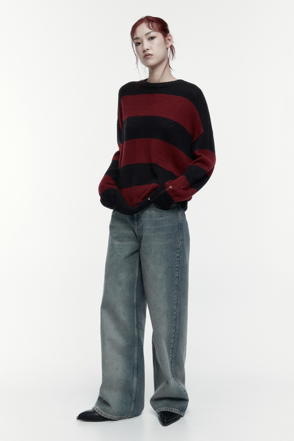 Джемпер вязаный рваный в полоску - цвет красный - 1