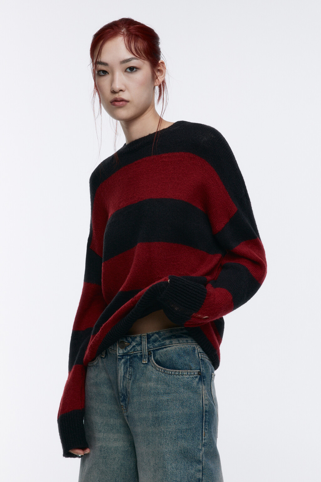 Джемпер вязаный рваный в полоску - цвет красный - 3