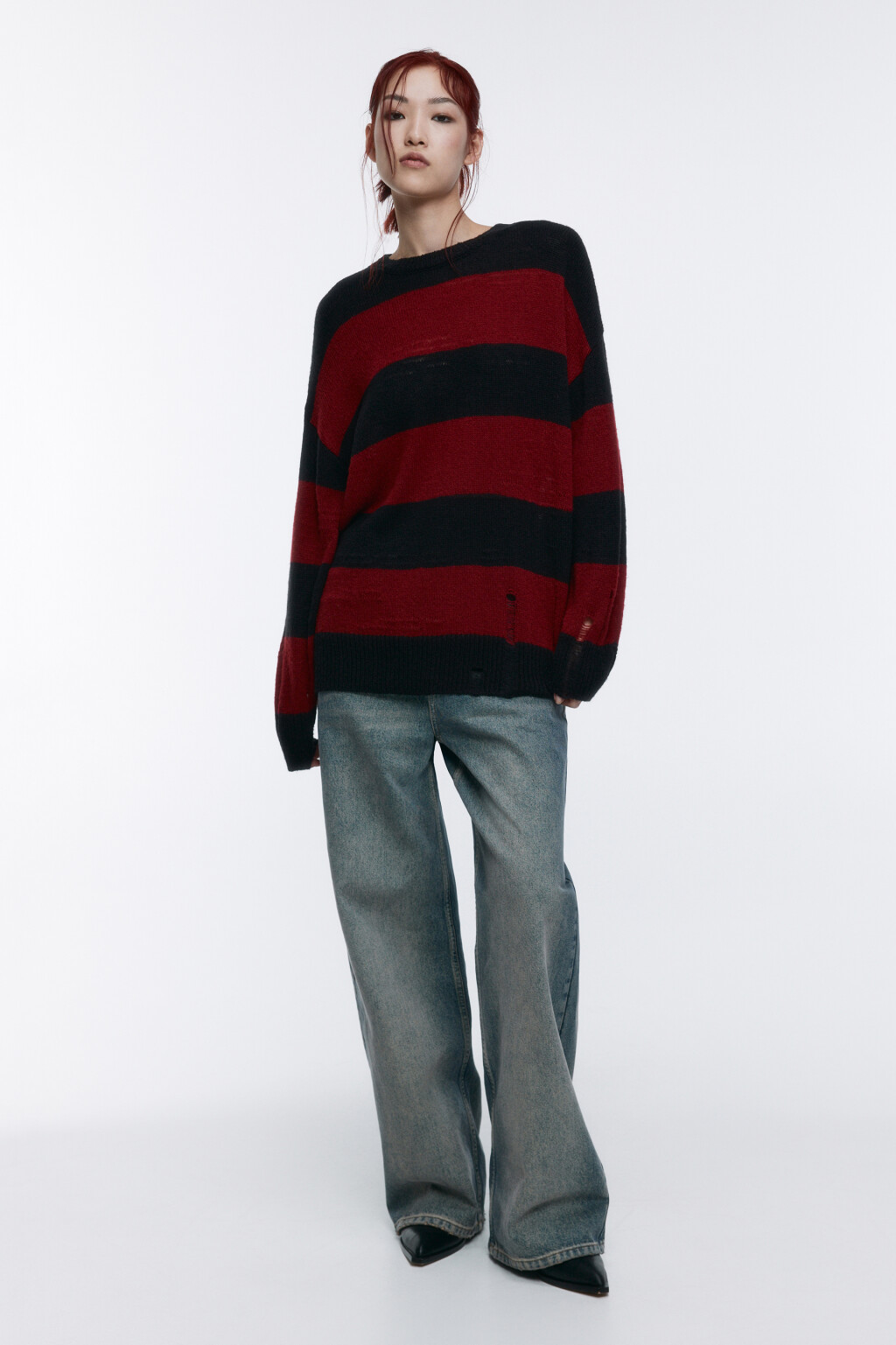 Джемпер вязаный рваный в полоску - цвет красный - 5