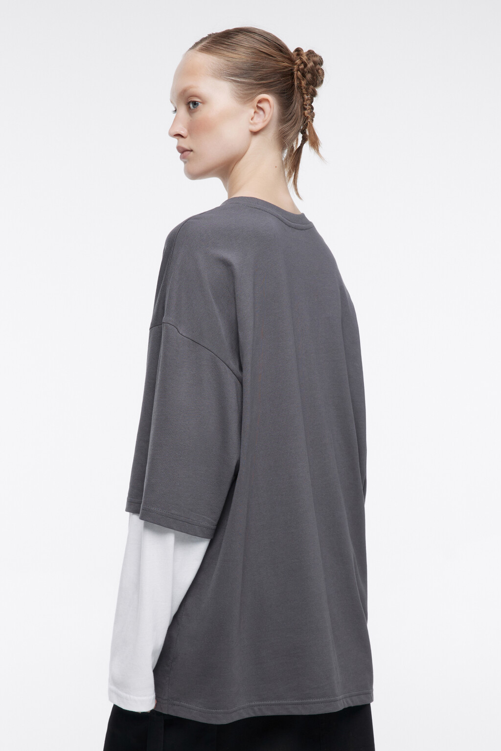 Лонгслив oversize хлопковый с двойными рукавами - цвет серый - 4