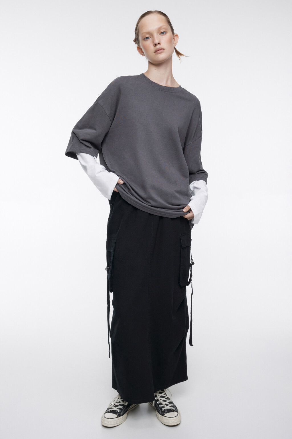 Лонгслив oversize хлопковый с двойными рукавами 2341849452, цвет: серый ...