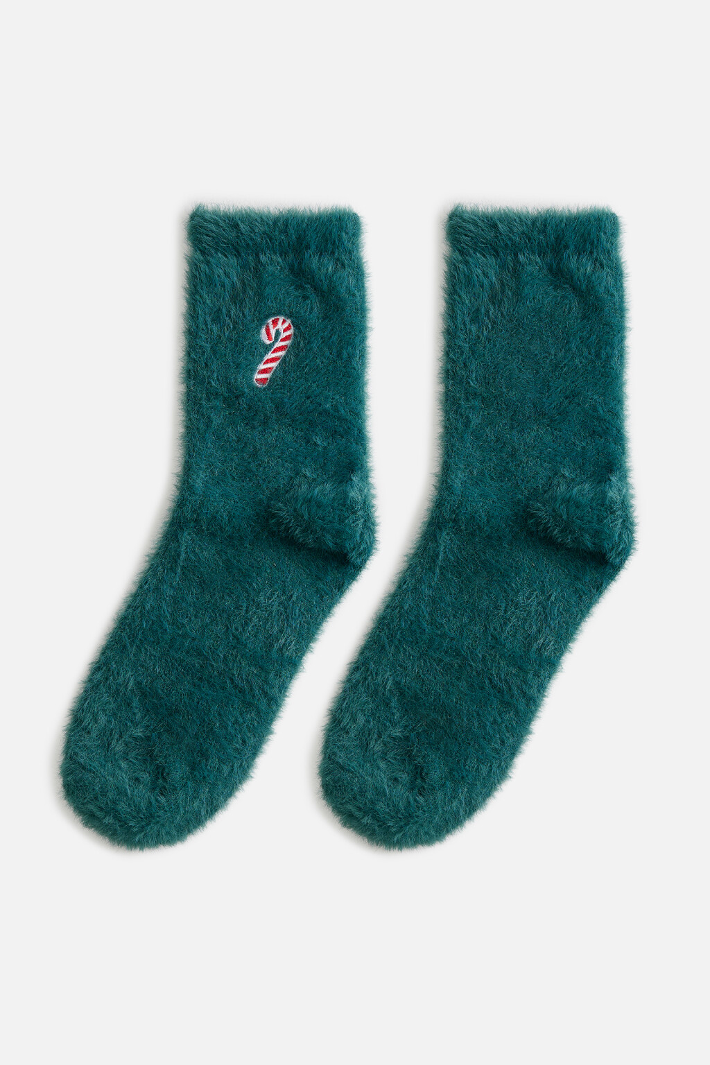 Носки высокие пушистые с вышивкой - цвет зеленый - 1