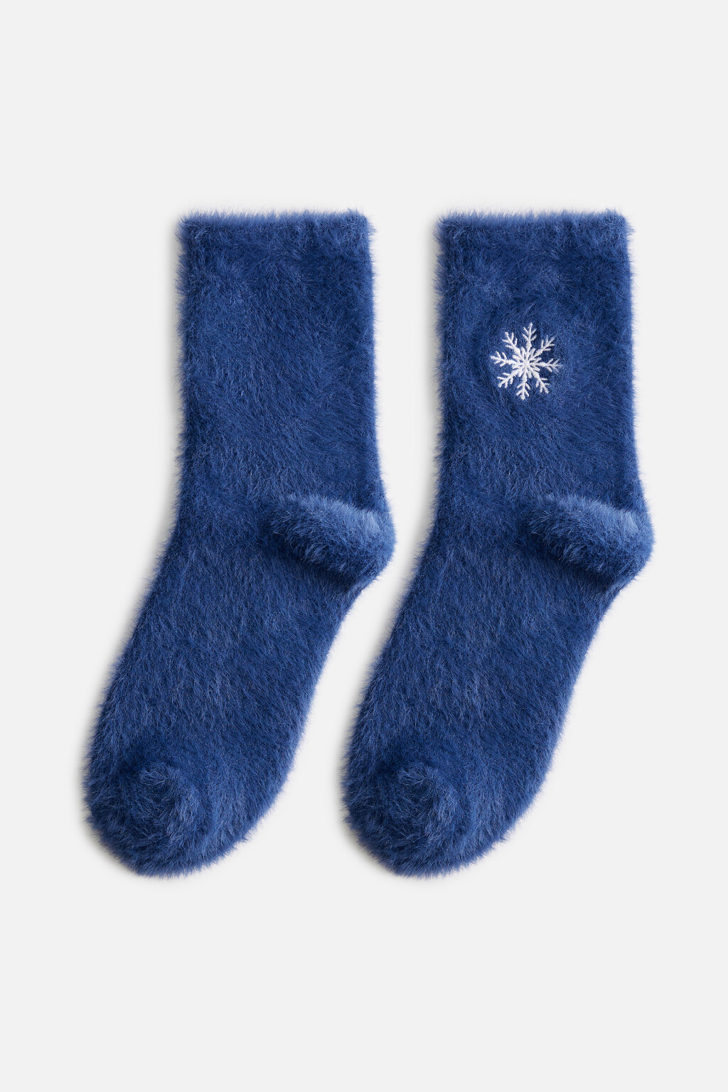Носки высокие пушистые с вышивкой - цвет синий - 1