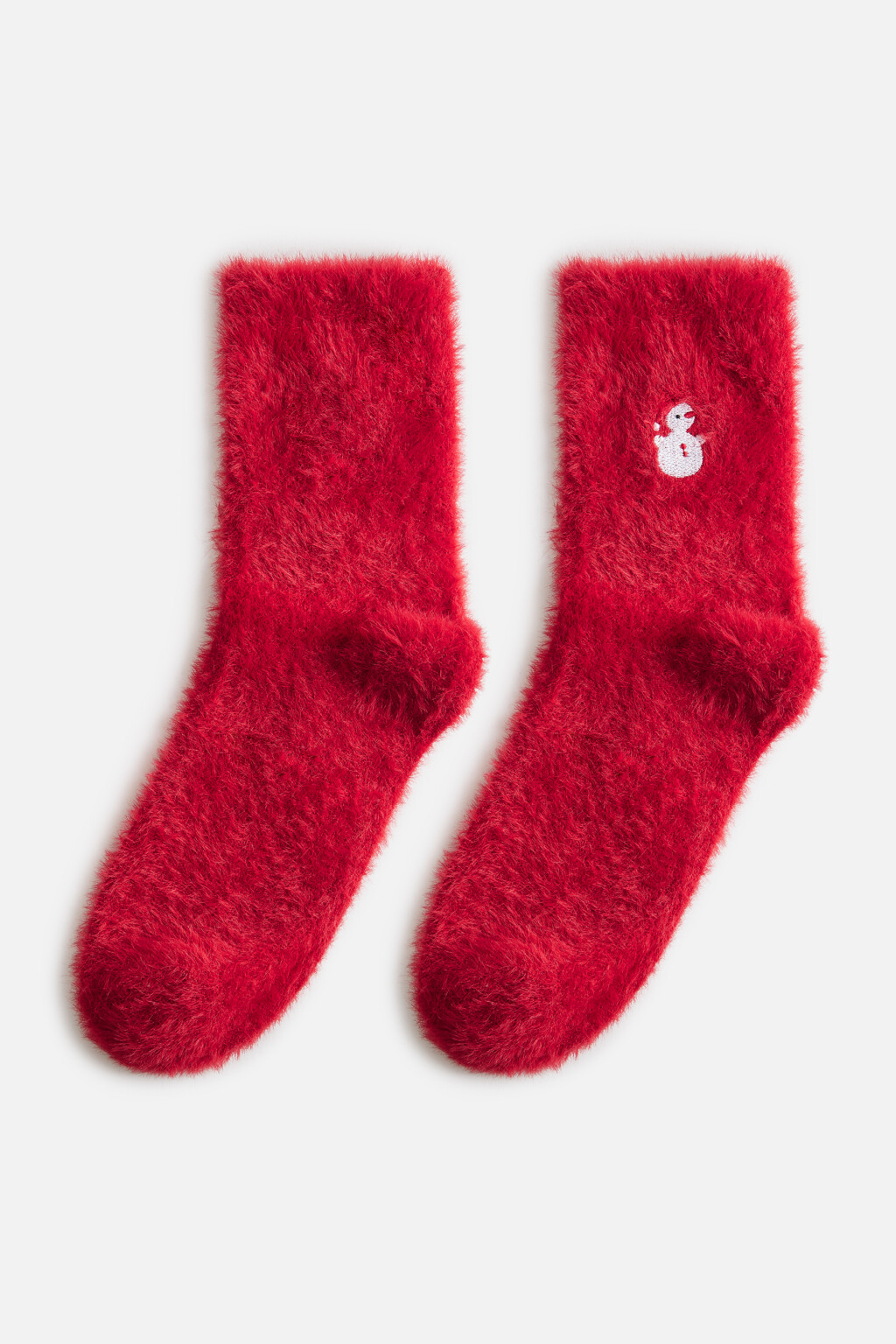 Носки высокие пушистые с вышивкой - цвет красный - 1