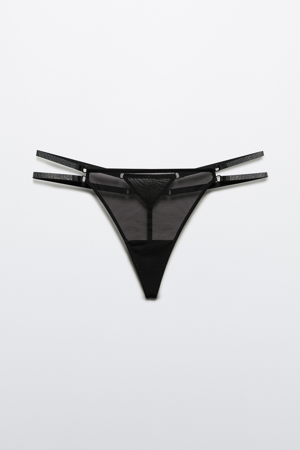 Трусы-стринги сетчатые со стразами на стрепах - цвет черный - 5