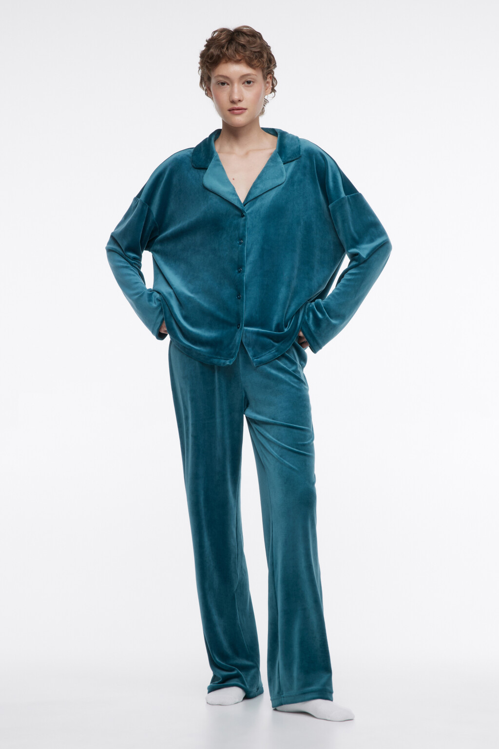 Брюки домашние прямые из бархатной ткани - цвет зеленый - 5