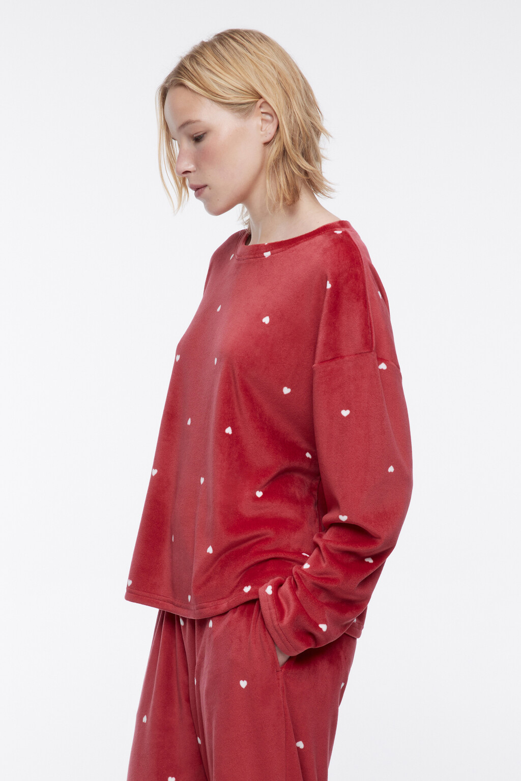 Джемпер домашний плюшевый в сердечко - цвет бордовый - 3