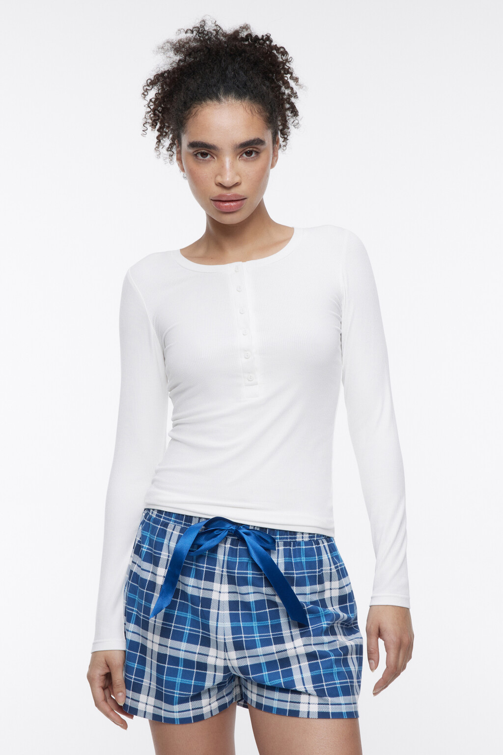 Комплект пижамный с шортами и лонгсливом - цвет синий - 1